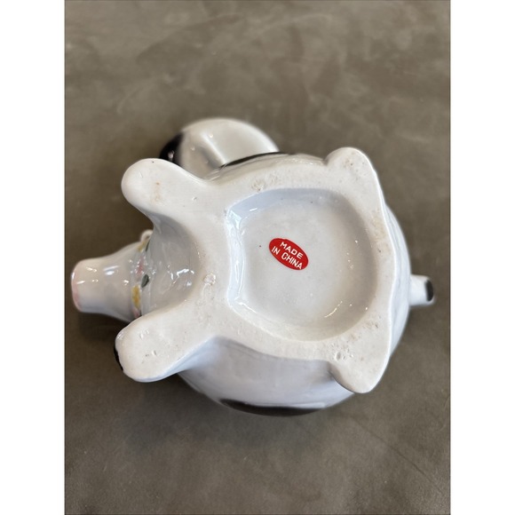 Vintage Chubby Black Spots White Cow Flower Collar Creamer 7" x 3.5" - Picture 6 of 7